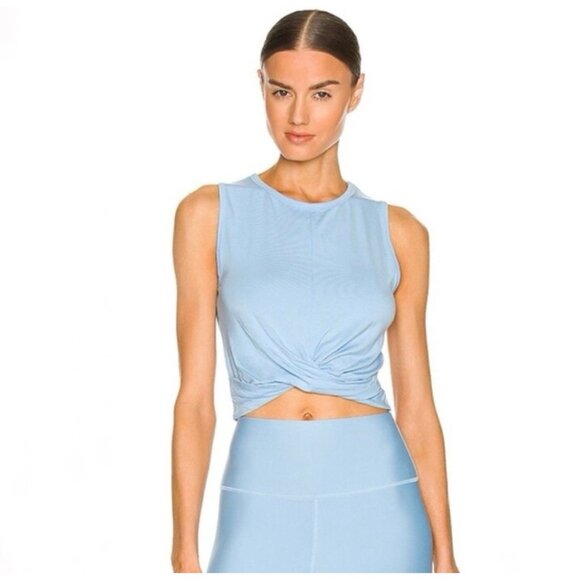 alo yoga Women’s Solid Blue Crew Neck Crop Twist Front Layering Tank Top Xs - Picture 3 of 6